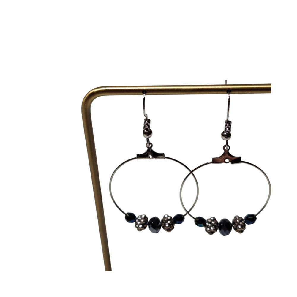 Hoop Earrings Silver Tone Black Iridescent Silver Tone Beads Fishhook Earwires